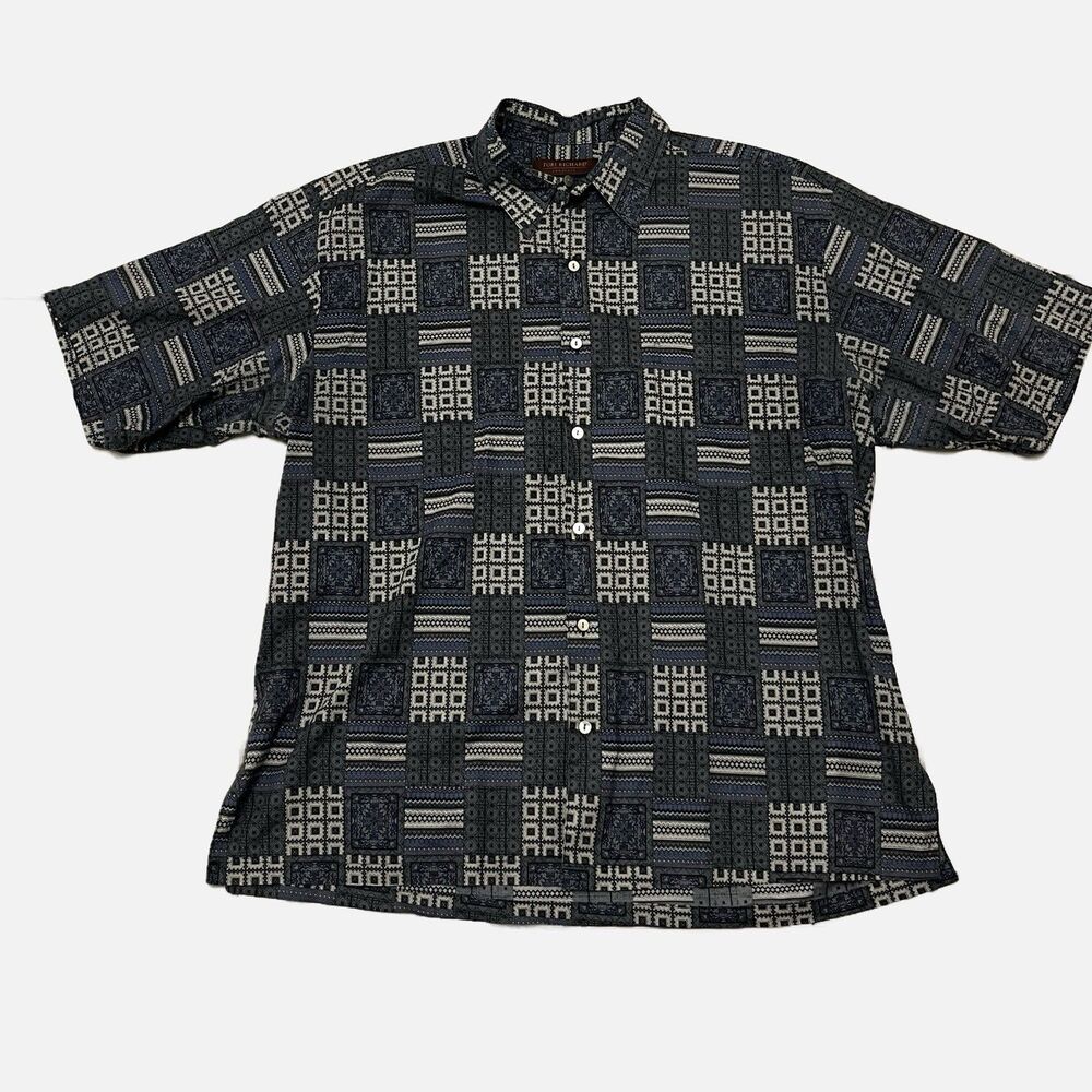 Tori Richard Blue Gray Tapa Geometric Short Sleeve Hawaiian Shirt Size XL